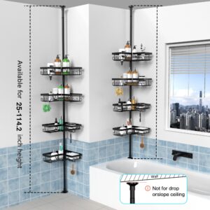 KEGII Corner Shower Caddy Tension Pole - Shower Tension Rod Organizer, Floor to Ceiling Shower Caddy 25-114.2 inch, Towel Rack Corner Waterproof, Black