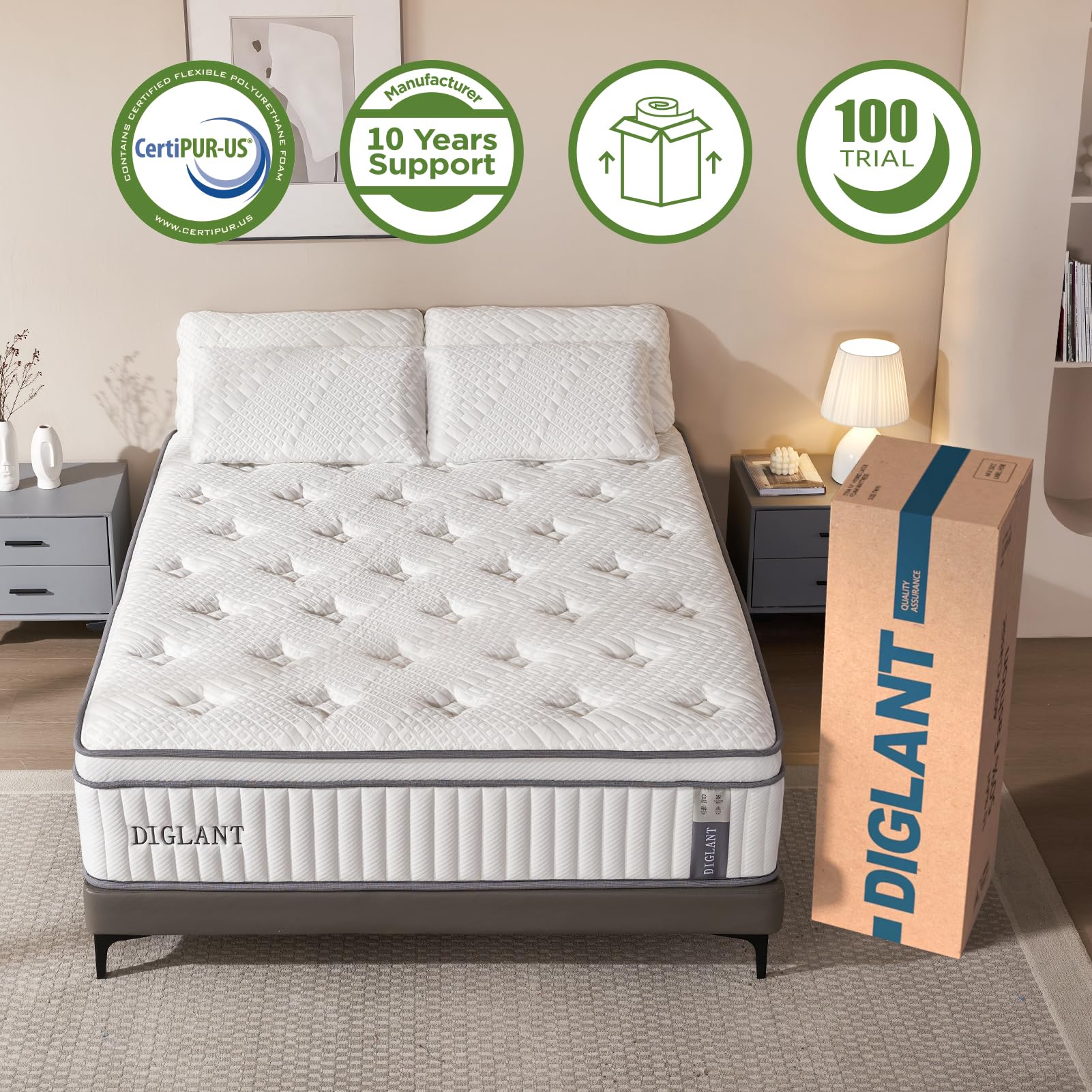 DIGLANT Twin XL Mattress, 14Inch Cooling Gel Memory Foam Hybrid Mattress with Pocket Springs, Supportive & Pressure Relief, Medium Plush Feel Twin XL Mattress in a Box, CertiPUR-US Certified, 39"*80"