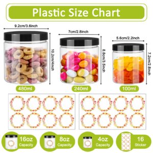 12pcs Plastic Jars with Lids 16 oz & 8 oz & 4 oz, Leakproof Storage Containers Clear Plastic Mason Jars for Peanut, Spice, Cookie, Candy and Dry Food Wedding Shower Party Favors