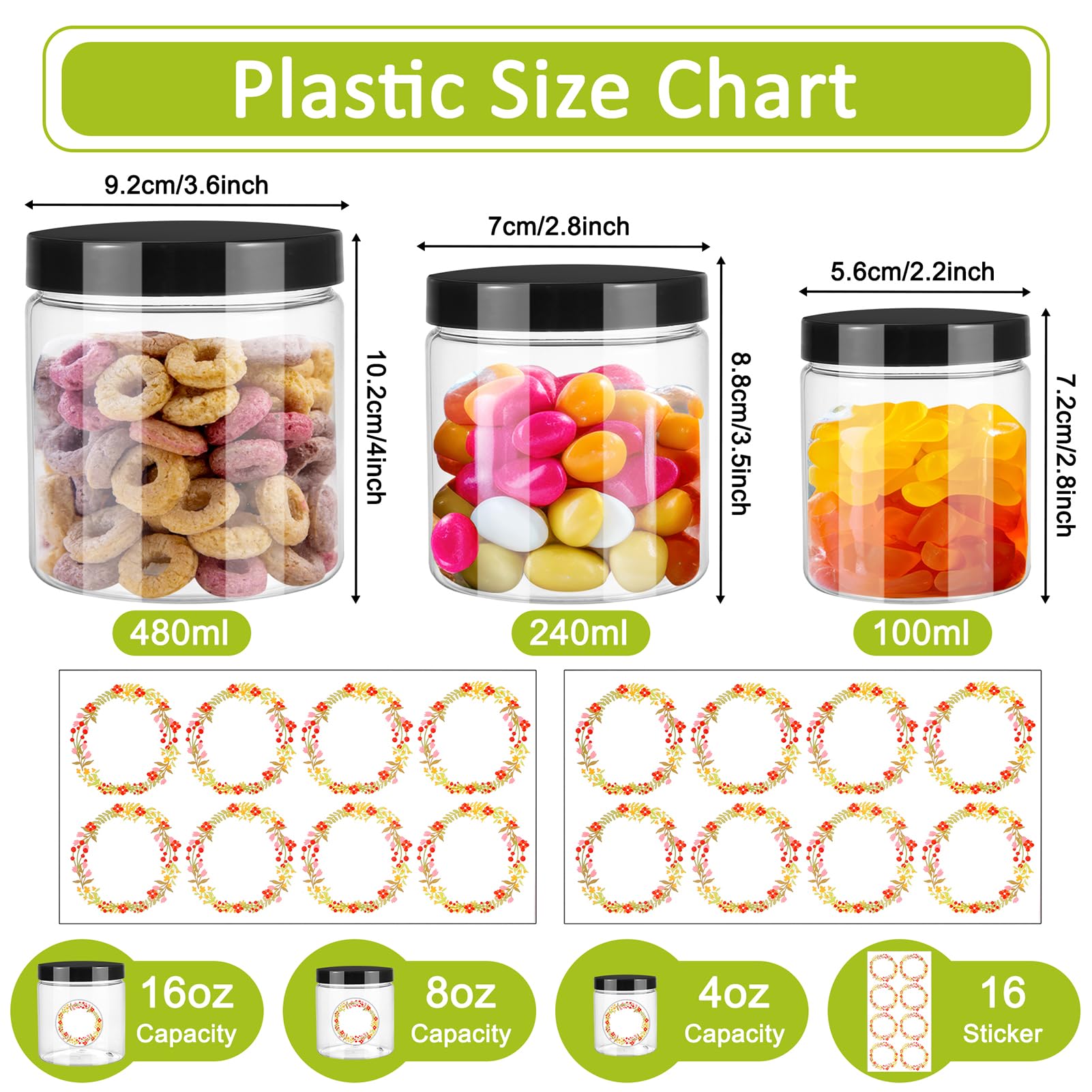 12pcs Plastic Jars with Lids 16 oz & 8 oz & 4 oz, Leakproof Storage Containers Clear Plastic Mason Jars for Peanut, Spice, Cookie, Candy and Dry Food Wedding Shower Party Favors