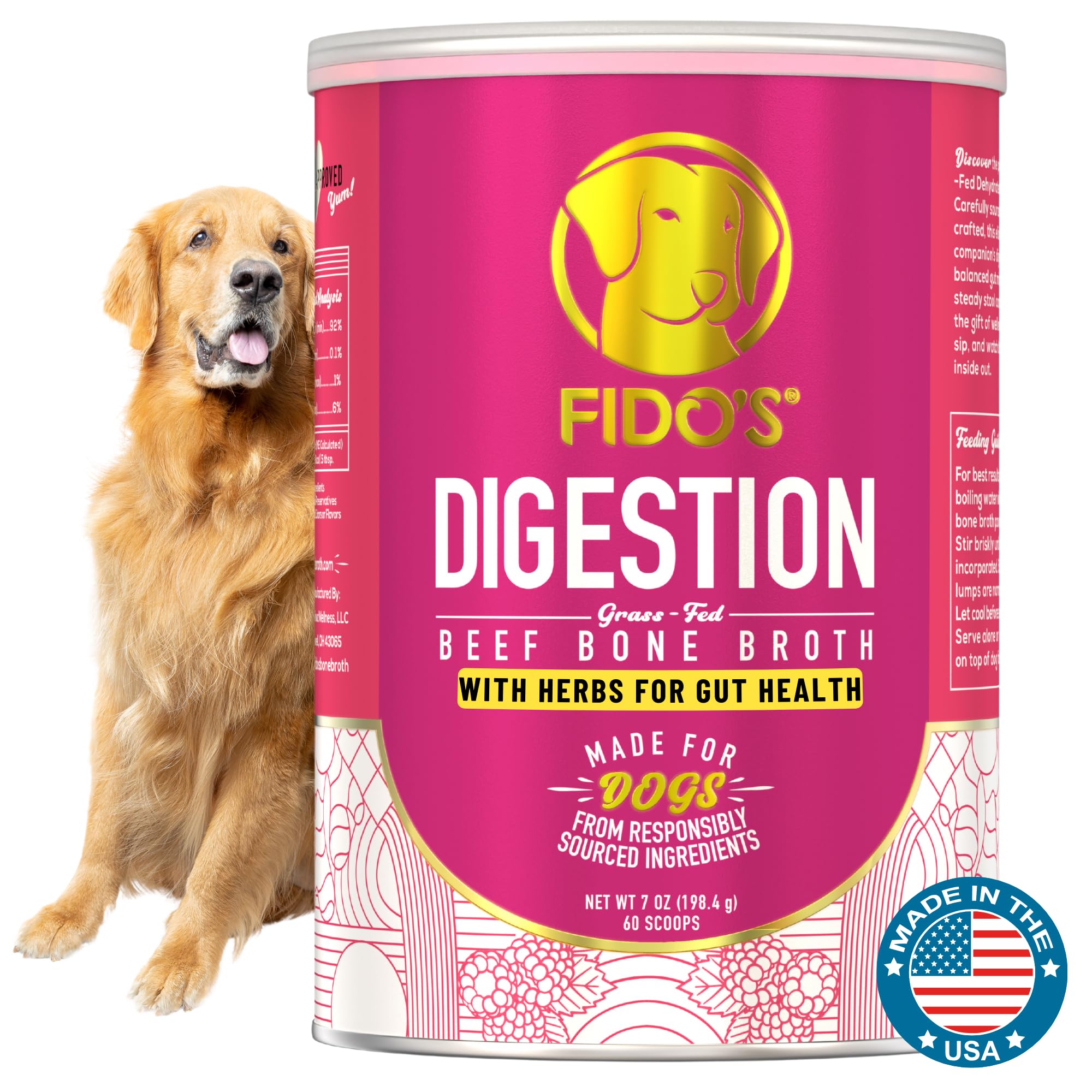 Fido's Digestion Bone Broth for Dogs - Grass-Fed Beef Bone Broth Powder & Organic Herbs - Supports Digestion & Gut Health - Dog Food Topper for Dry Food - 60 Scoops