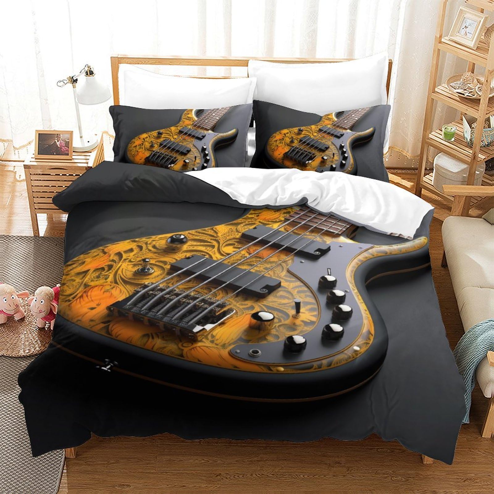 EVMILA Guitar Duvet Cover Quilt Cover 3D Print Music Comforter Covers for Boys Girls Bedding Set with Zipper Closure with Pillow Cases Soft Microfiber 3 Pieces Full（203x228cm）