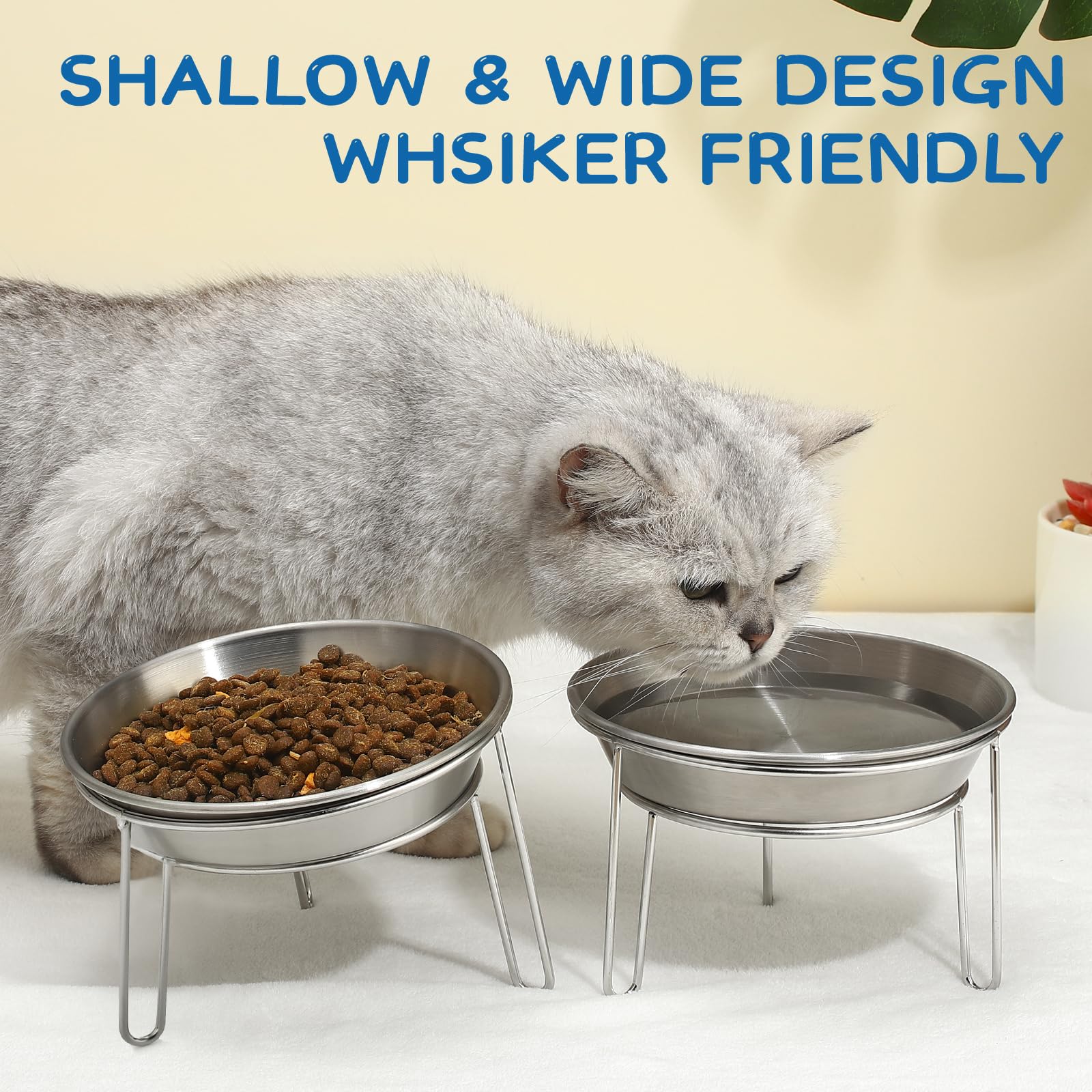 Elevated Cat Bowls Stainless Steel, 5.9 Inch Wide Raised Cat Bowls with Metal Stand Whisker Friendly, 2 Pack Anit-Vomiting Tilted Cat Food and Water Bowl Set for Cats, Kittens and Small Dogs