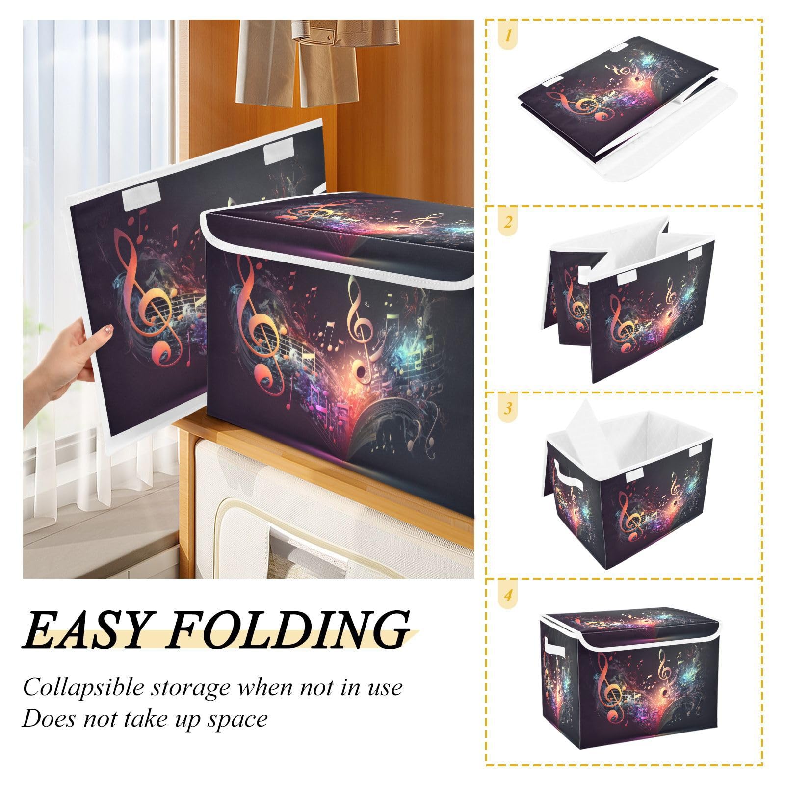 TecEr Music-notes Print Large Fabric Foldable Storage Bins with Lids and Handle, Decorative Storage Box Cube for Shelves Closet Home Bedroom Office