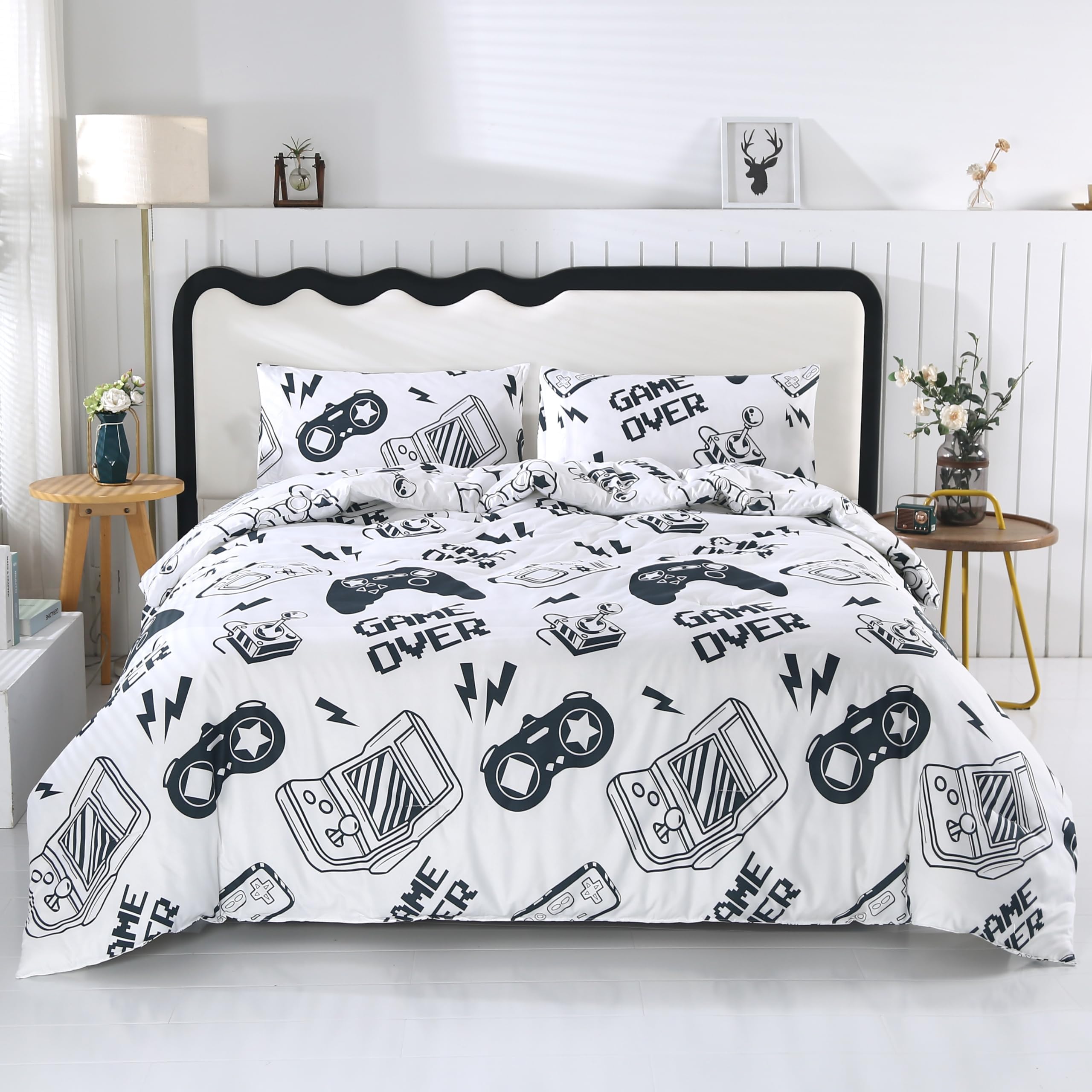 SDIII 3PCS White Gamer Comforter Set Full for Boys Girls Teens and Kids, Microfiber Full Size Comforter for Boys, Gaming Boys Comforter Set Full Size