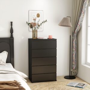 4/5/6 Drawer Dresser, Modern Chest of Drawers Without Handle Wooden Tall Dresser Storage Cabinet Bedroom Furniture for Home Office (Black, 5 Drawer)