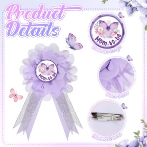 Riceshoot Butterfly Theme Maternity Flower Sash and Corsage Set Pink Purple Baby Shower Decorations Mom to Be Dad to Be Pin with Headband Wristband for Baby Shower Gender Reveal Party Gifts (Purple)