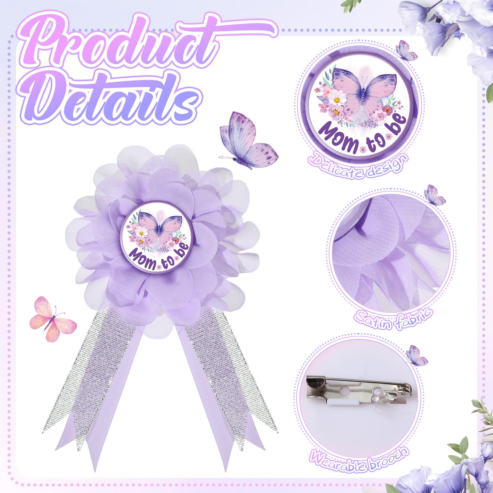 Riceshoot Butterfly Theme Maternity Flower Sash and Corsage Set Pink Purple Baby Shower Decorations Mom to Be Dad to Be Pin with Headband Wristband for Baby Shower Gender Reveal Party Gifts (Purple)