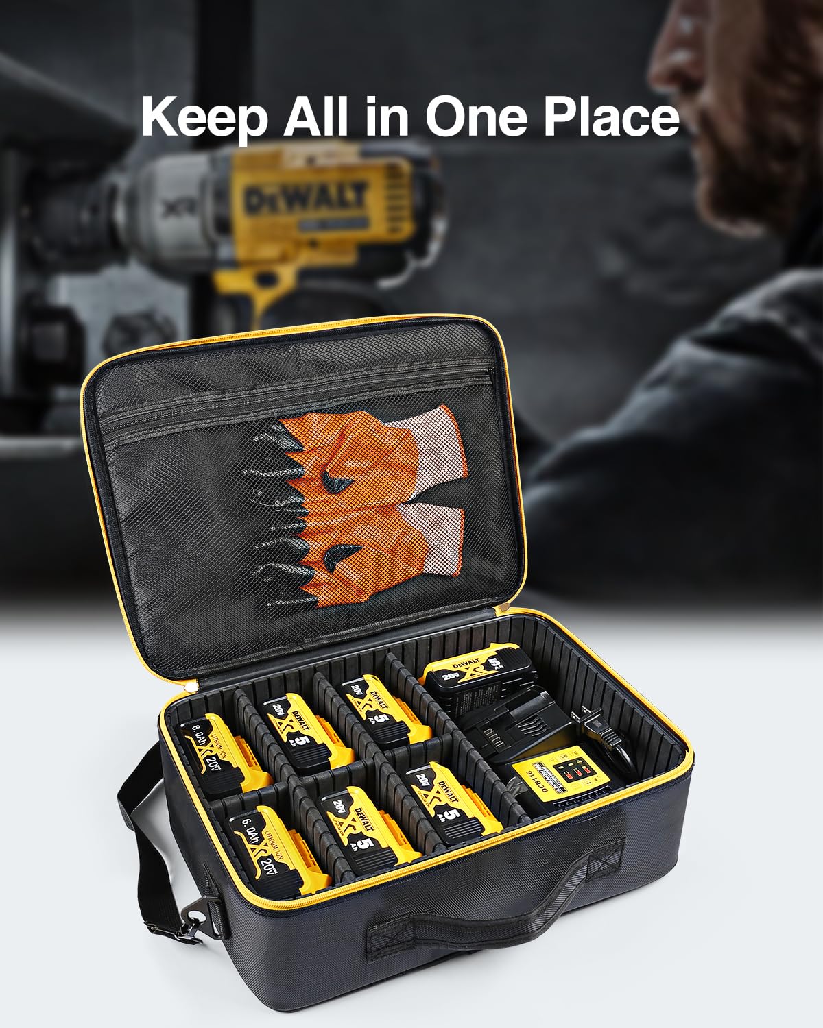 Luxtude Extra Large Battery Case for Dewalt/Milwaukee/Ryobi 12V/18V/20V Battery & Charger, Tool Battery Case for DEWALT Holds 20V 2.0/3.0/4.0/5.0/6.0/9.0-Ah Batteries, Adapter,Bag Only