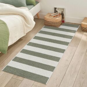 OJIA Green and White Striped Rug 24"x51" Washable Front Door Mat Hand Woven Entry Rug Cotton Indoor Outdoor Rug Small Checkered Rugs for Front Porch Kitchen Entryway Patio Bathroom