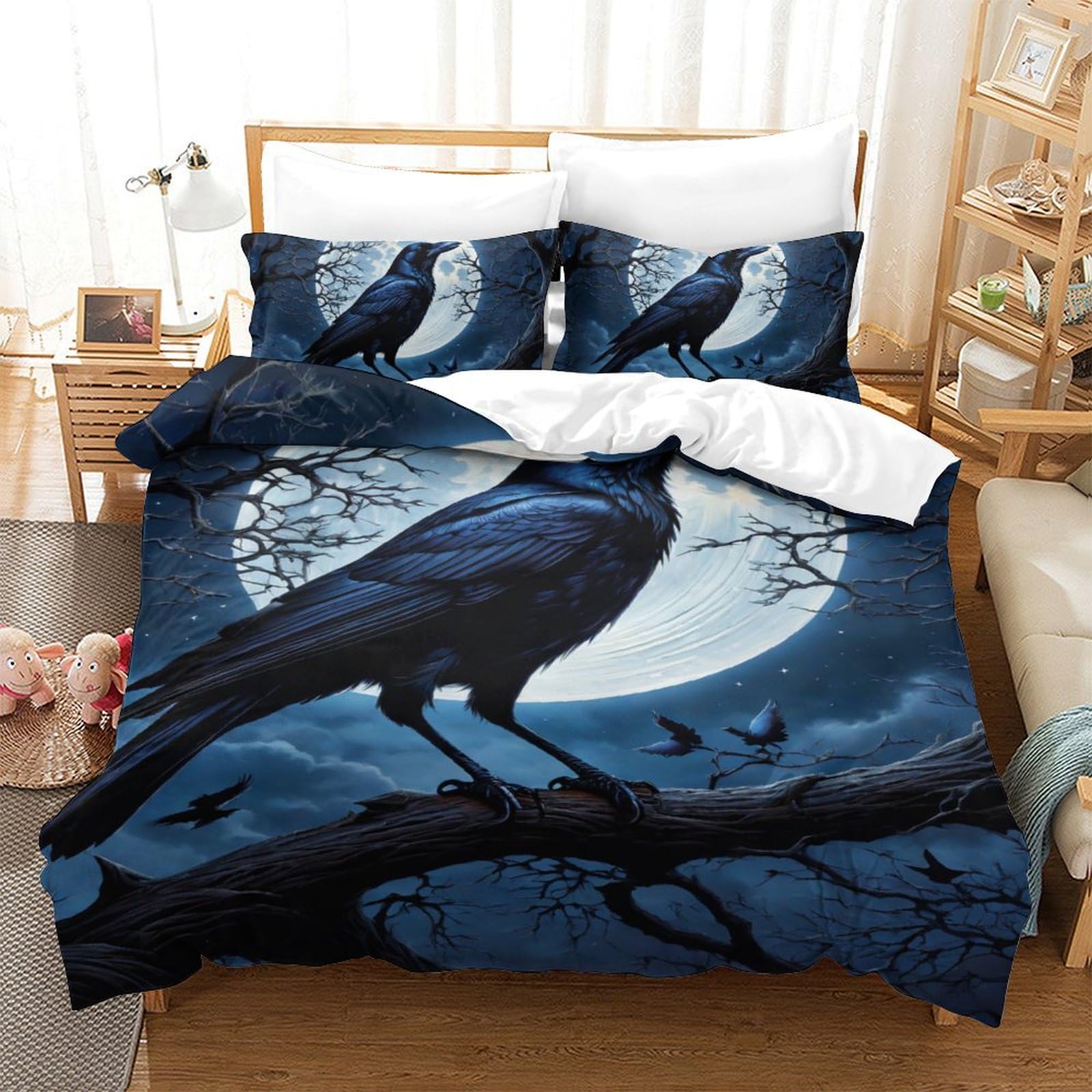 EVMILA Gothic Crow 3D Print Eerie Night for Boys Girls Quilt Cover Comforter Covers Duvet Cover Soft Microfiber with Zipper Closure with Pillow Cases Bedding Set 3 Pieces Twin（173x218cm）