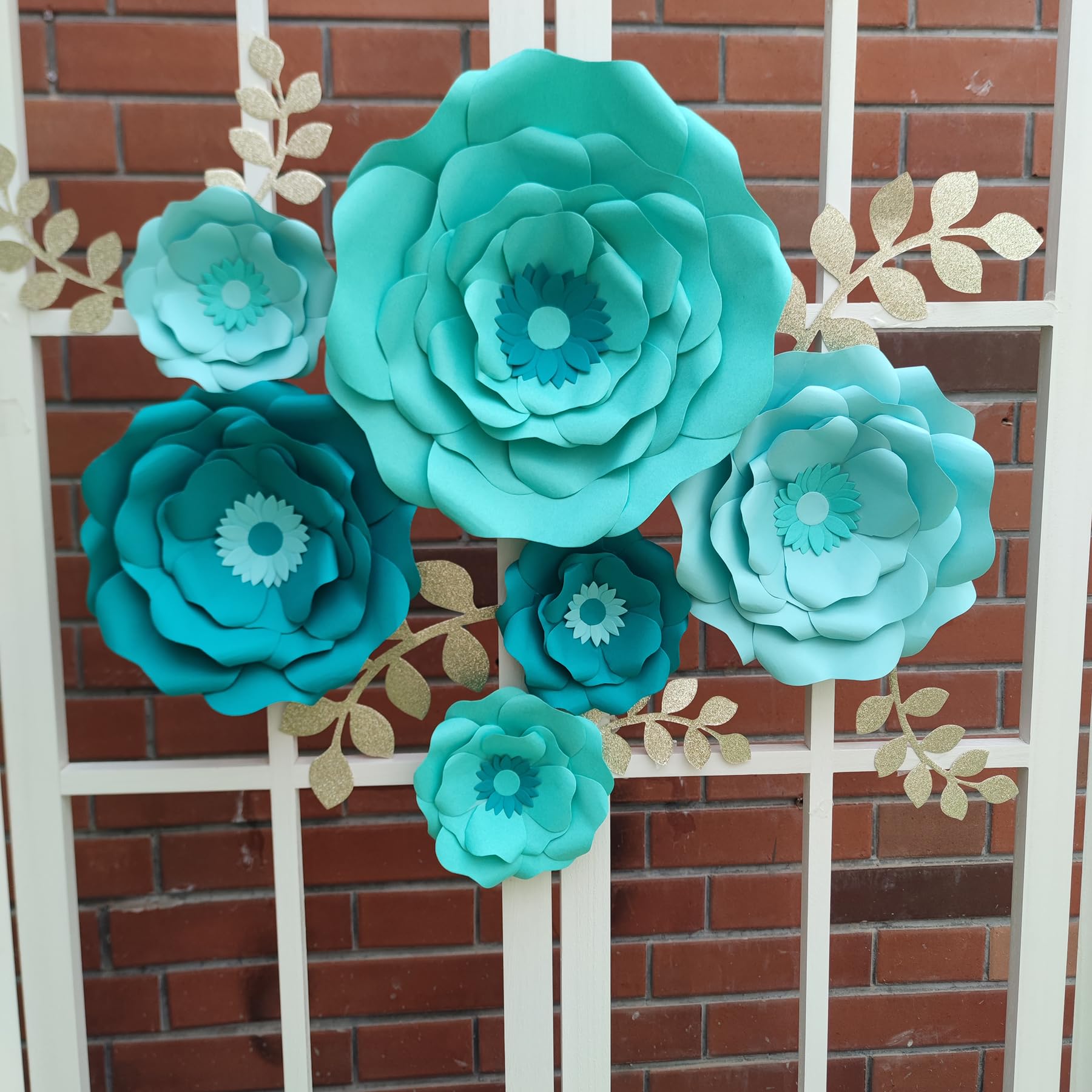 Mybbshower Turquoise Teal Paper Flower with Gold Leaf for Wall Living Room Bed Room Wall Decoration Wedding Birthday Bridal Baby Shower Party Floral Decor Pack of 6