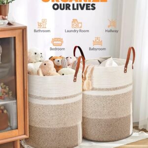 MOXTOYU Laundry Basket, Jute Dirty Laundry Hamper with Leather Handles, Woven Laundry Basket for Pillows, Blankets, Toys, Decorative Basket for Living Room, Bathroom, Bedroom - 72L Brown & White