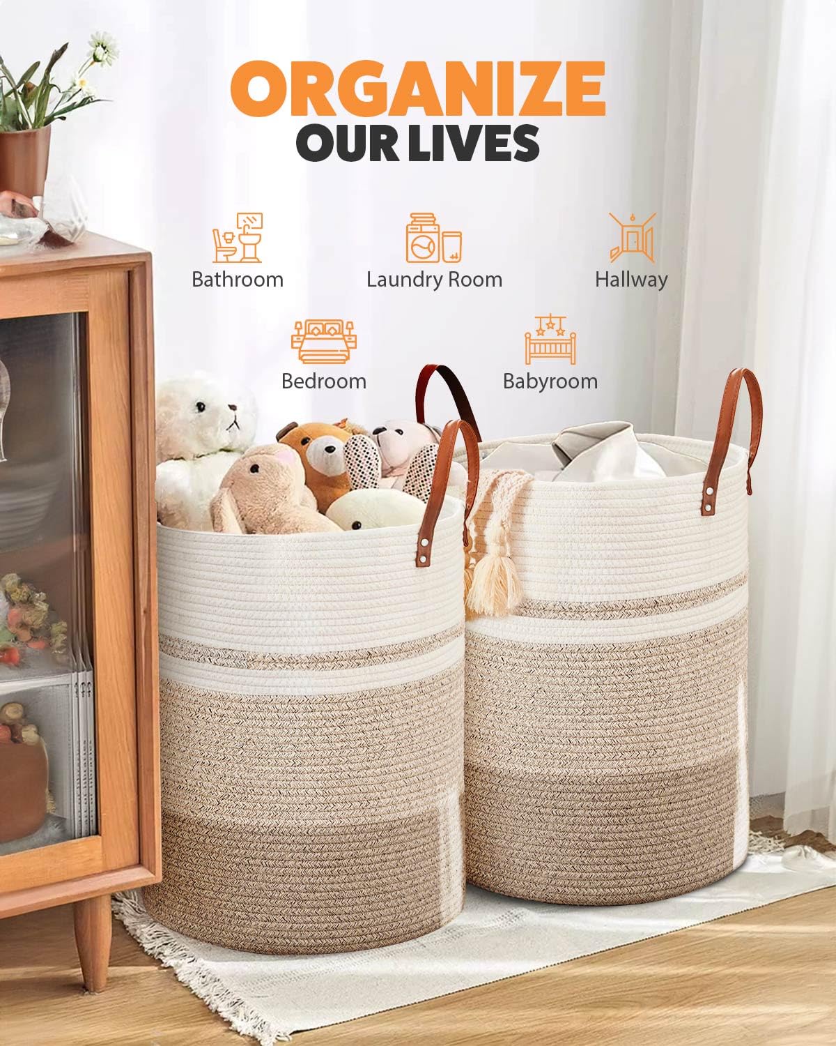 MOXTOYU Laundry Basket, Jute Dirty Laundry Hamper with Leather Handles, Woven Laundry Basket for Pillows, Blankets, Toys, Decorative Basket for Living Room, Bathroom, Bedroom - 72L Brown & White