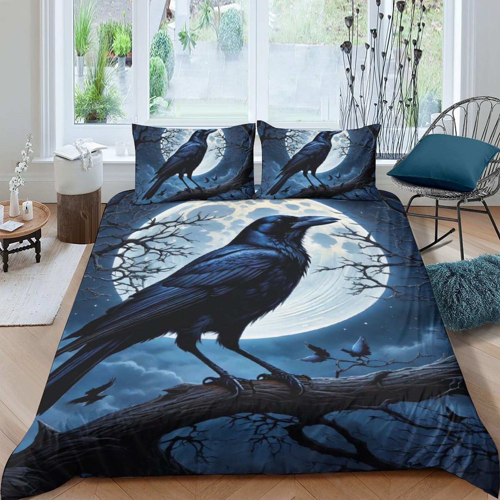 EVMILA Gothic Crow 3D Print Eerie Night for Boys Girls Quilt Cover Comforter Covers Duvet Cover Soft Microfiber with Zipper Closure with Pillow Cases Bedding Set 3 Pieces Twin（173x218cm）