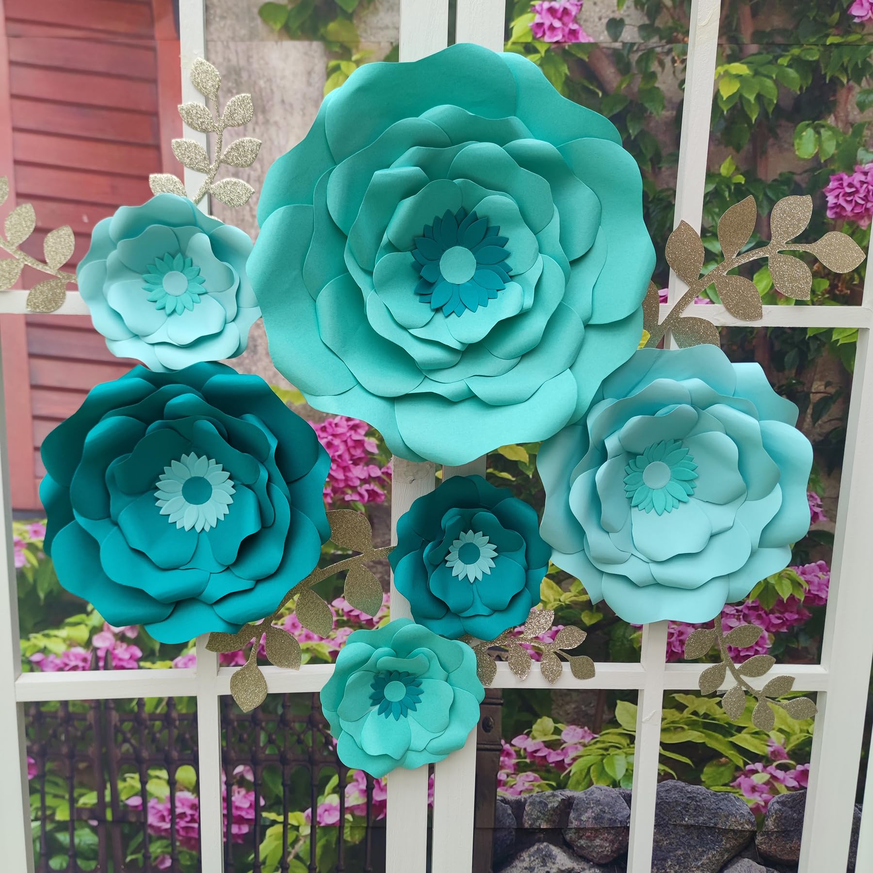 Mybbshower Turquoise Teal Paper Flower with Gold Leaf for Wall Living Room Bed Room Wall Decoration Wedding Birthday Bridal Baby Shower Party Floral Decor Pack of 6