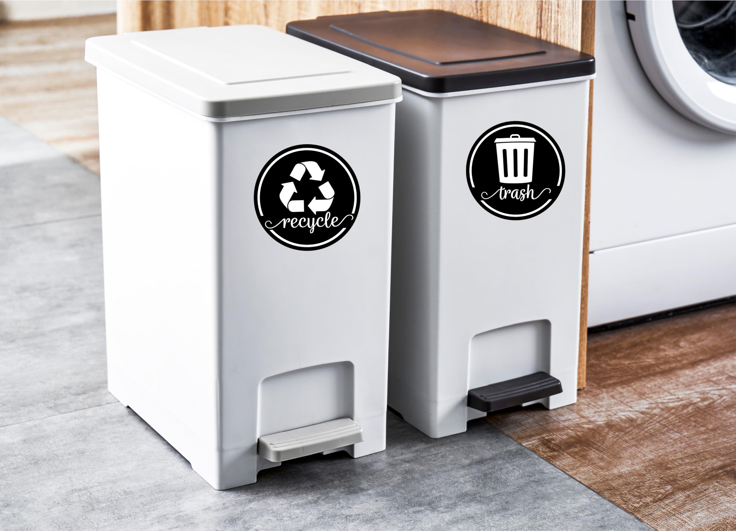 Black Trash Recycle Magnets for Kitchen Trash Can and Recycle Bin, Farmhouse Garbage Can Logo Symbol Magnet, 3.5 Inch Recycle Sticker for Trash Can with 4 Adhesive Stickers, Made in USA, Black 2 Pack