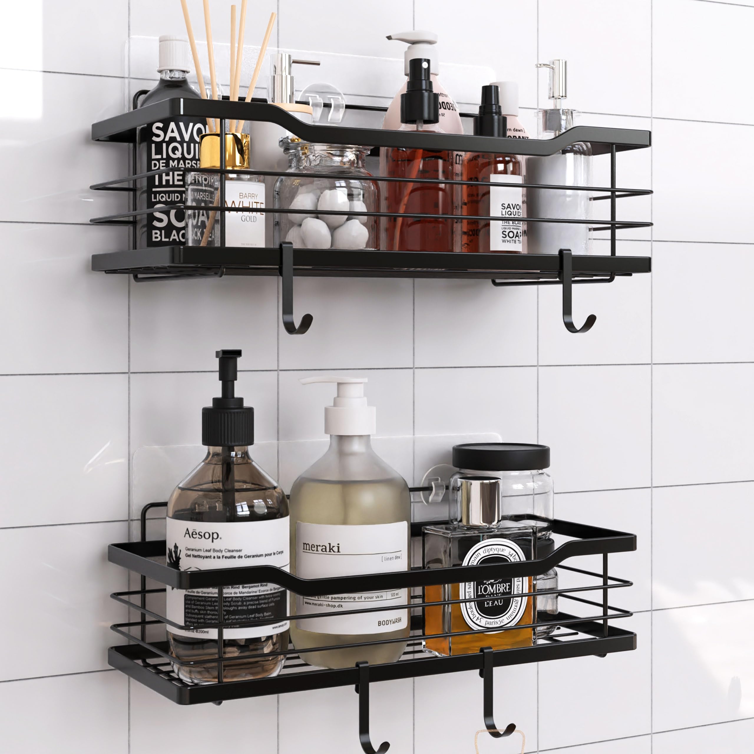 BTSD-home 2 Pack Black Shower Caddy Organizer - Adhesive Shower Shelves Large Capacity Bathroom Accessories Easy Installation With 4 Hooks for Home Bathroom Decor Replacement