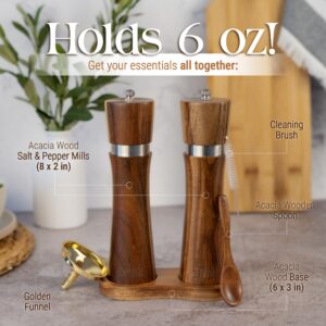 Wooden Salt and Pepper Grinder Set, Manual 8-inch, Salt and Pepper shakers Refillable with Adjustable Coarseness, Salt grinder, Pepper Grinder, pepper mill, Base, Funnel, Spoon, Cleaning Brush