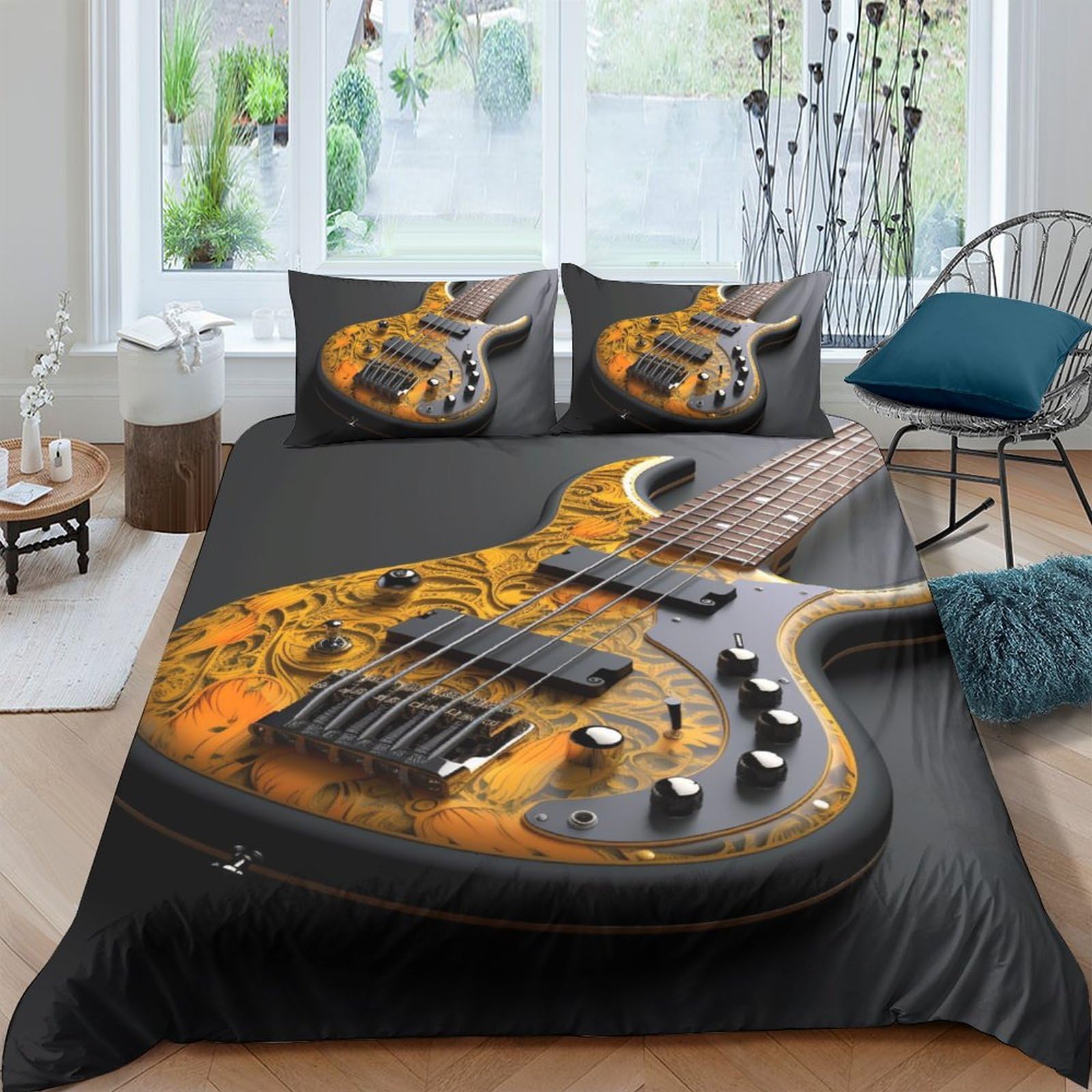 EVMILA Guitar Duvet Cover Quilt Cover 3D Print Music Comforter Covers for Boys Girls Bedding Set with Zipper Closure with Pillow Cases Soft Microfiber 3 Pieces Full（203x228cm）