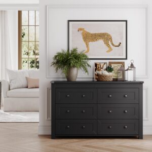 Boonatu Black Dresser for Bedroom with 6 Drawers, Wood Dressers Chest of Drawers with Metal Handles, Modern Bedroom Dresser with Drawers for Closet Hallway, Living Room, Black