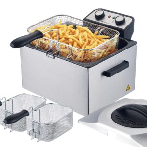 tesslux electric deep fryer with basket for home use, lid with viewing window and odorless filter, adjustable temperature, 5.3 quart, stainless steel