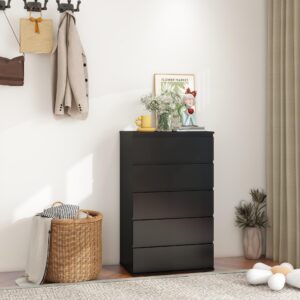 4/5/6 Drawer Dresser, Modern Chest of Drawers Without Handle Wooden Tall Dresser Storage Cabinet Bedroom Furniture for Home Office (Black, 5 Drawer)