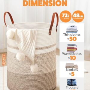 MOXTOYU Laundry Basket, Jute Dirty Laundry Hamper with Leather Handles, Woven Laundry Basket for Pillows, Blankets, Toys, Decorative Basket for Living Room, Bathroom, Bedroom - 72L Brown & White