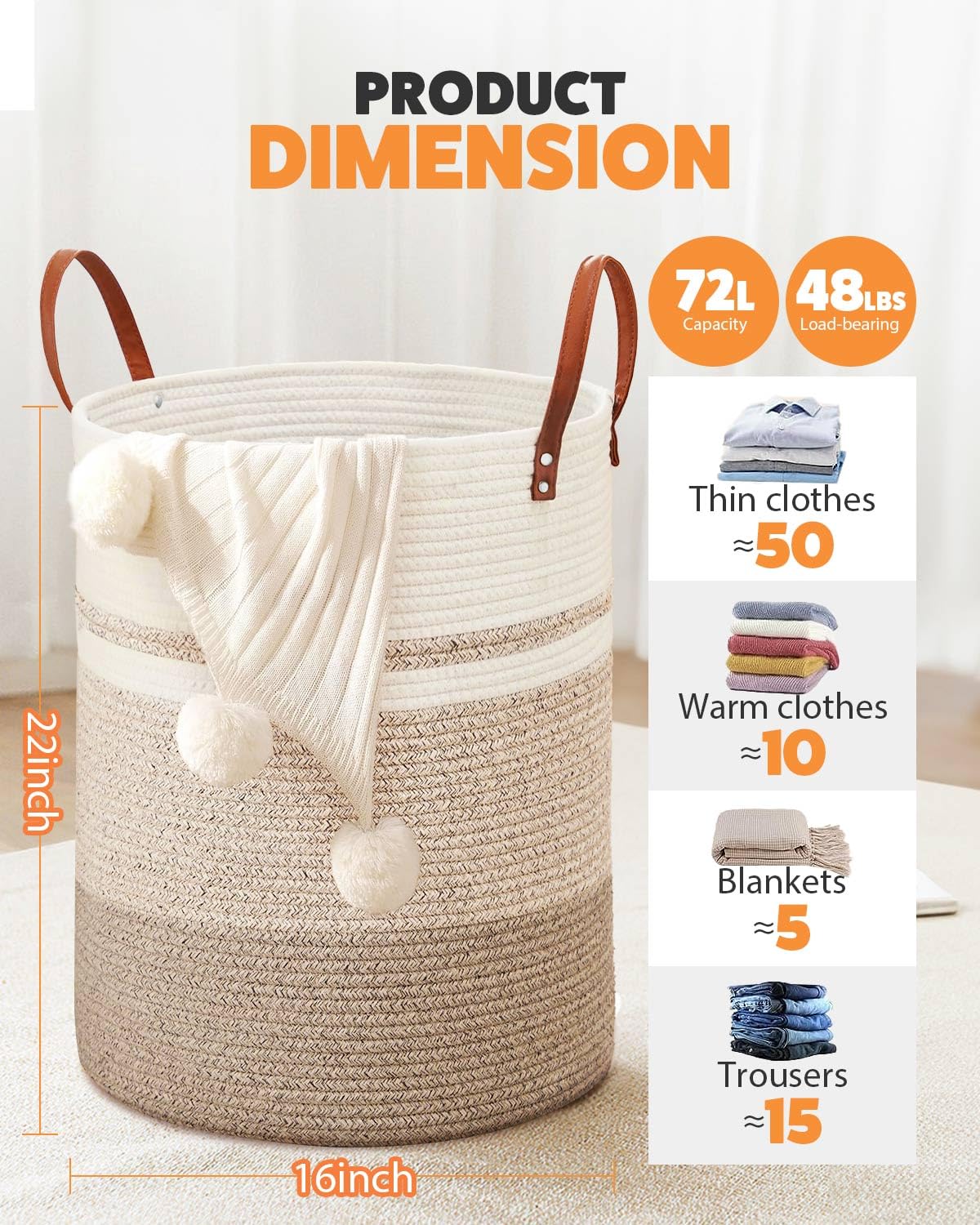 MOXTOYU Laundry Basket, Jute Dirty Laundry Hamper with Leather Handles, Woven Laundry Basket for Pillows, Blankets, Toys, Decorative Basket for Living Room, Bathroom, Bedroom - 72L Brown & White