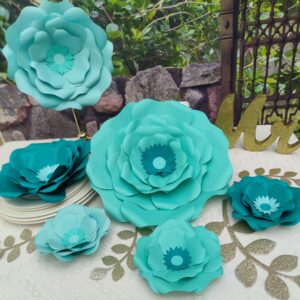 Mybbshower Turquoise Teal Paper Flower with Gold Leaf for Wall Living Room Bed Room Wall Decoration Wedding Birthday Bridal Baby Shower Party Floral Decor Pack of 6