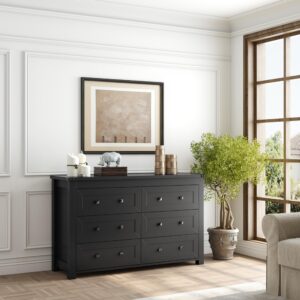 Boonatu Black Dresser for Bedroom with 6 Drawers, Wood Dressers Chest of Drawers with Metal Handles, Modern Bedroom Dresser with Drawers for Closet Hallway, Living Room, Black