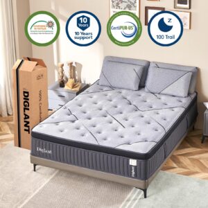 DIGLANT Queen Mattress, 14Inch Gel Memory Foam & 7-Zone Pocket Spring Queen Size Mattress, Medium Plush Hybrid Mattress in Box for Motion Isolation, Pressure Relief,CertiPUR-US, 60 * 80