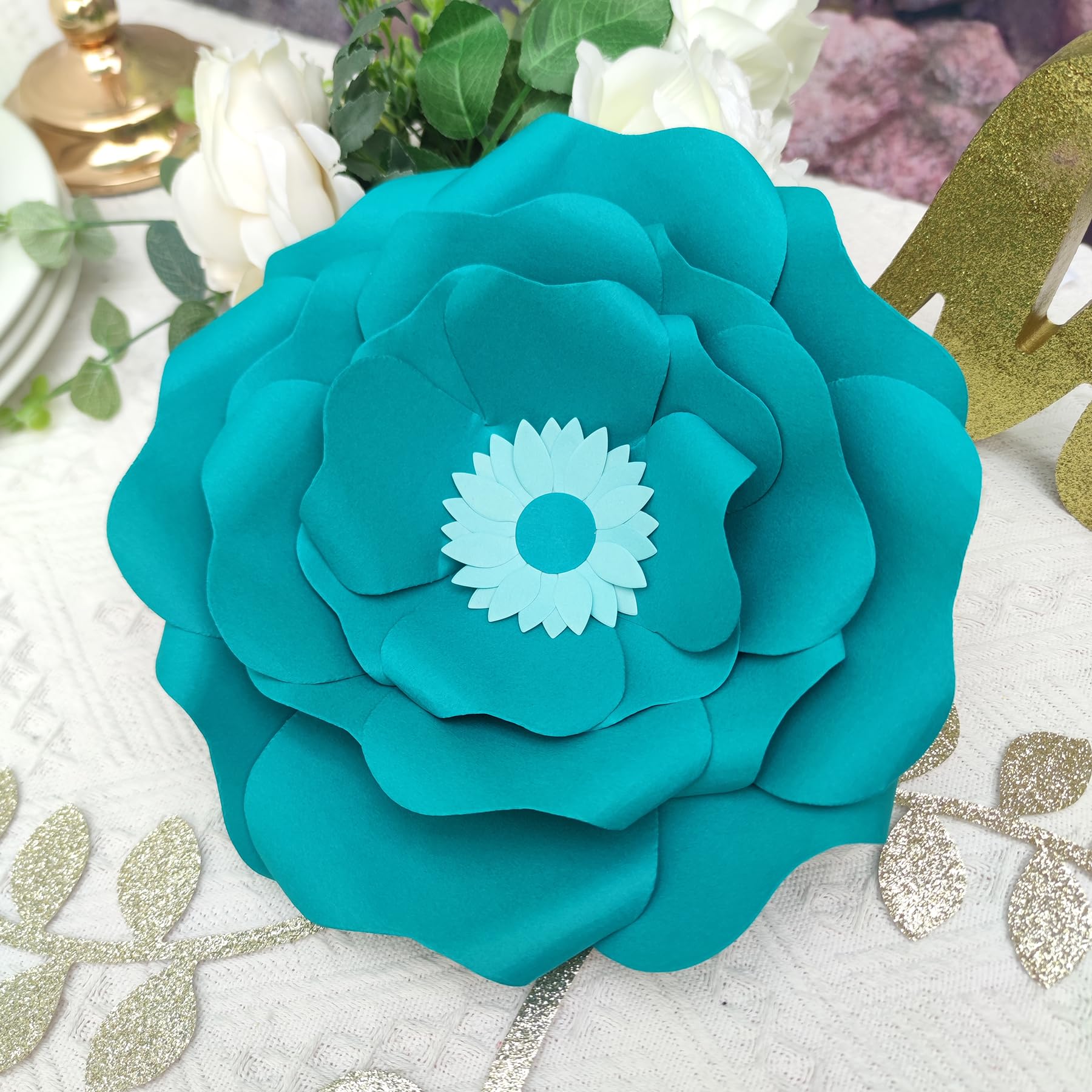 Mybbshower Turquoise Teal Paper Flower with Gold Leaf for Wall Living Room Bed Room Wall Decoration Wedding Birthday Bridal Baby Shower Party Floral Decor Pack of 6