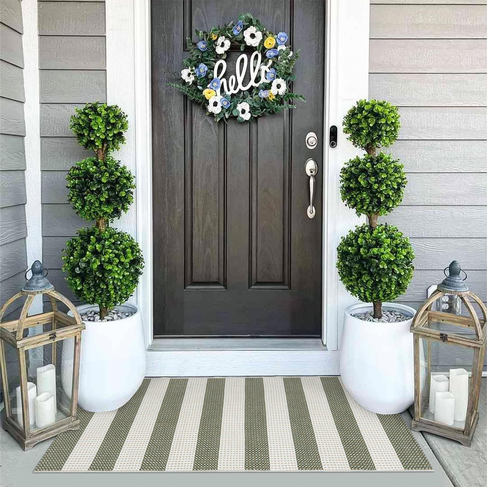 OJIA Green and White Striped Rug 24"x51" Washable Front Door Mat Hand Woven Entry Rug Cotton Indoor Outdoor Rug Small Checkered Rugs for Front Porch Kitchen Entryway Patio Bathroom