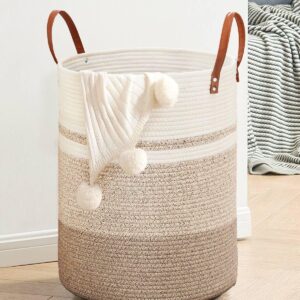 MOXTOYU Laundry Basket, Jute Dirty Laundry Hamper with Leather Handles, Woven Laundry Basket for Pillows, Blankets, Toys, Decorative Basket for Living Room, Bathroom, Bedroom - 72L Brown & White