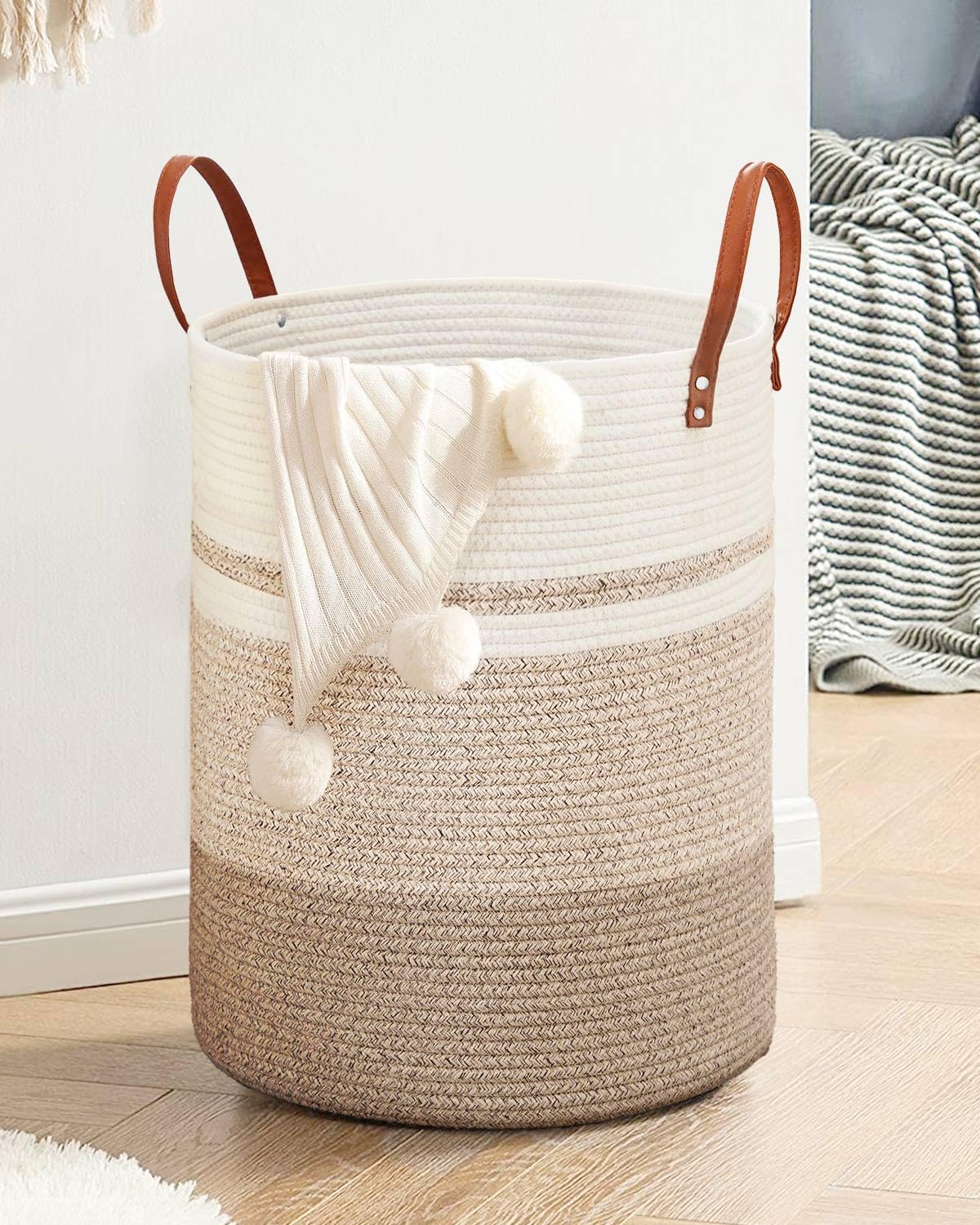 MOXTOYU Laundry Basket, Jute Dirty Laundry Hamper with Leather Handles, Woven Laundry Basket for Pillows, Blankets, Toys, Decorative Basket for Living Room, Bathroom, Bedroom - 72L Brown & White