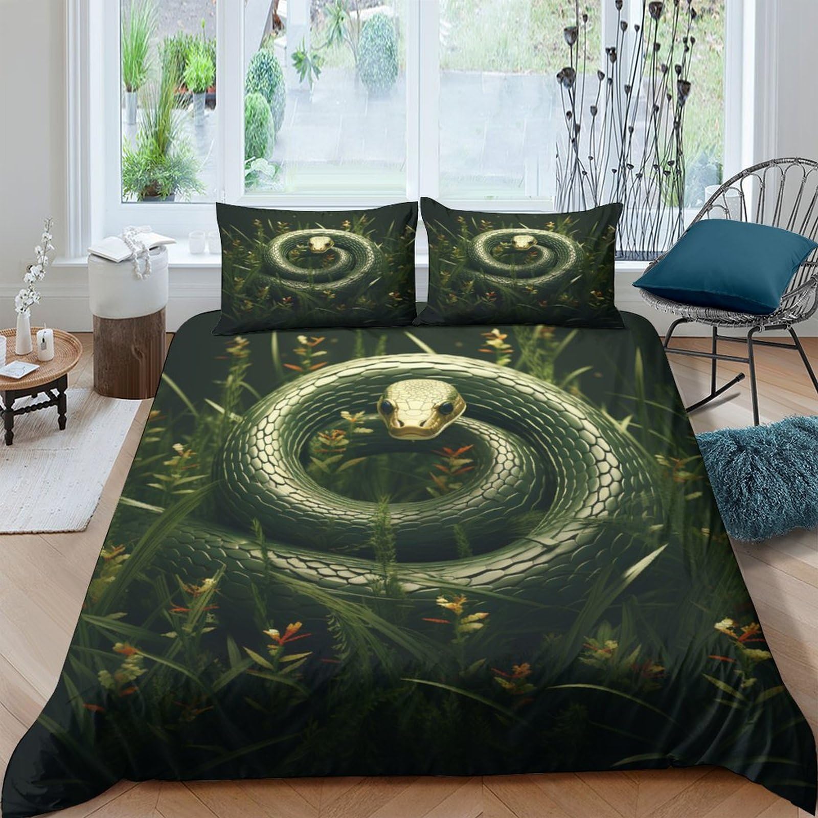 JALYKA Bedding Set 3D Print Snake Duvet Cover Set Animal Theme Comforter Cover with Pillow Shams with Zipper Microfiber 3Pcs Bedspread Cover for Kids Teens Adults Twin（173x218cm）