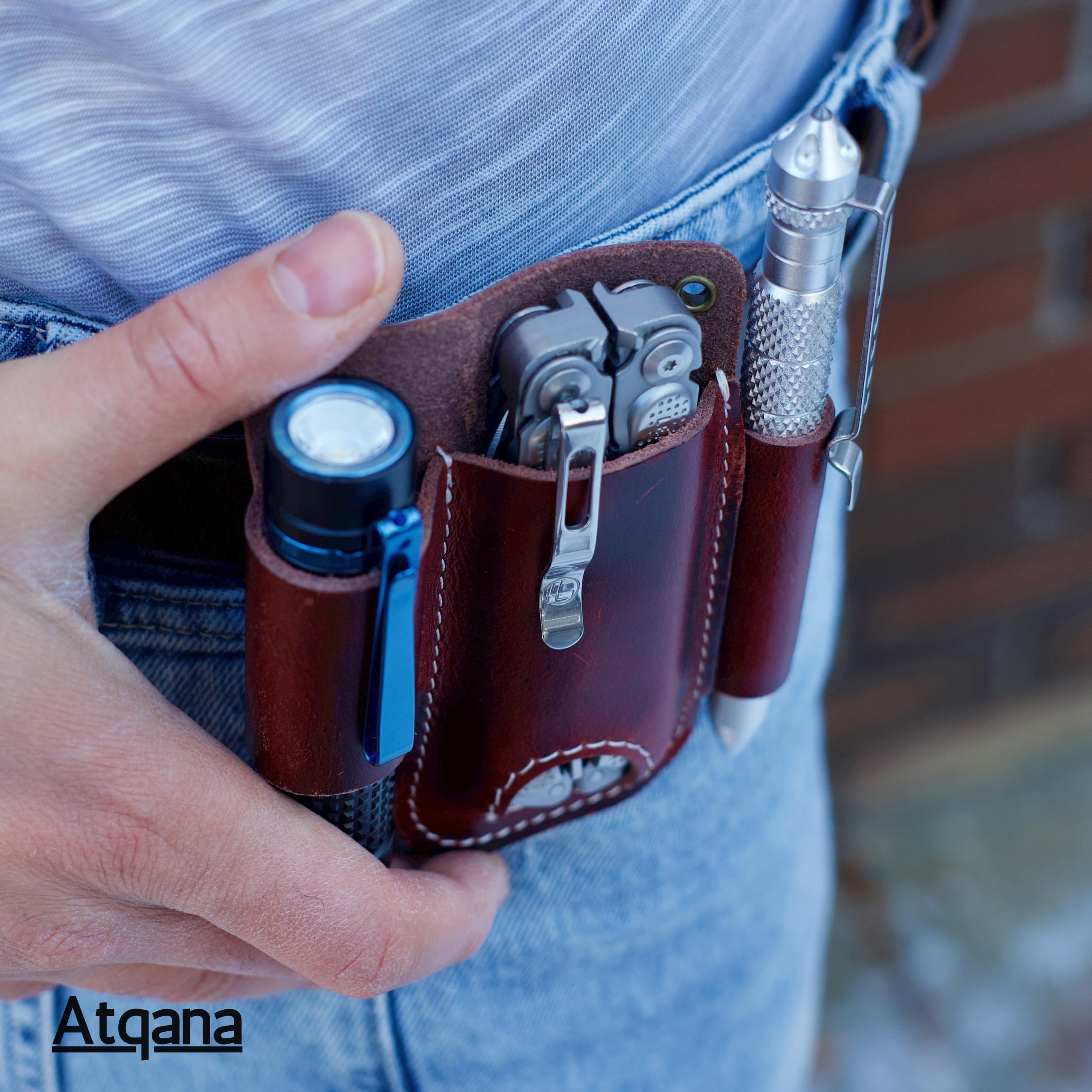 ATQANA EDC Pocket Organizer For Belt (Premium Leather) - Urban Tool Holster | Multitool Sheath | Tactical Belt Knife Pouch with Belt Clip (Extra Dark Brown) by ATQANA®