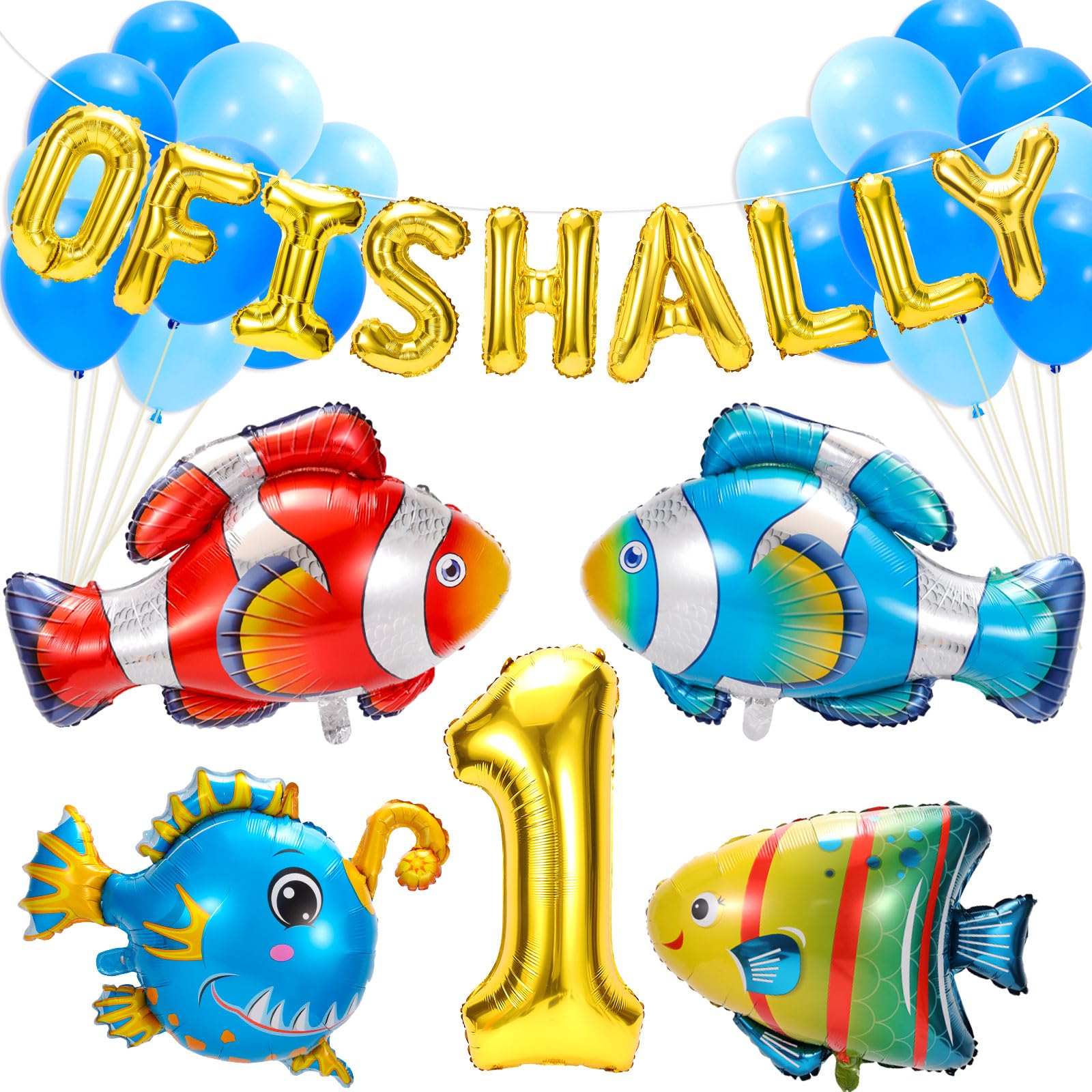 PHOGARY Fish Balloons for Ofishally One Birthday Decorations, O Fishally 1st Birthday Balloons, Mylar Gone Fishing Balloon Sea Animal Party Balloon Clownfish Foil Balloons, Fishing Baby Shower Decor