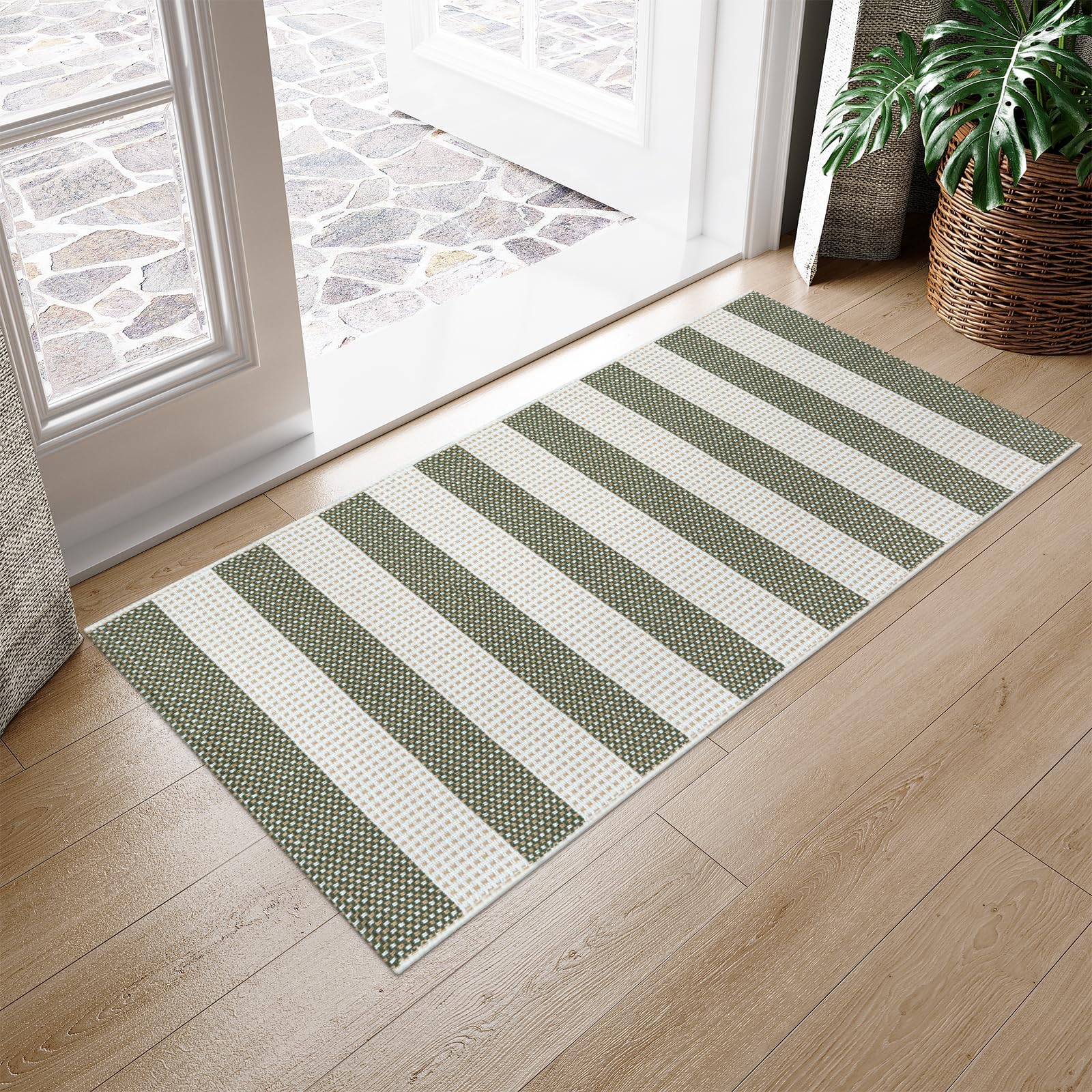 OJIA Green and White Striped Rug 24"x51" Washable Front Door Mat Hand Woven Entry Rug Cotton Indoor Outdoor Rug Small Checkered Rugs for Front Porch Kitchen Entryway Patio Bathroom