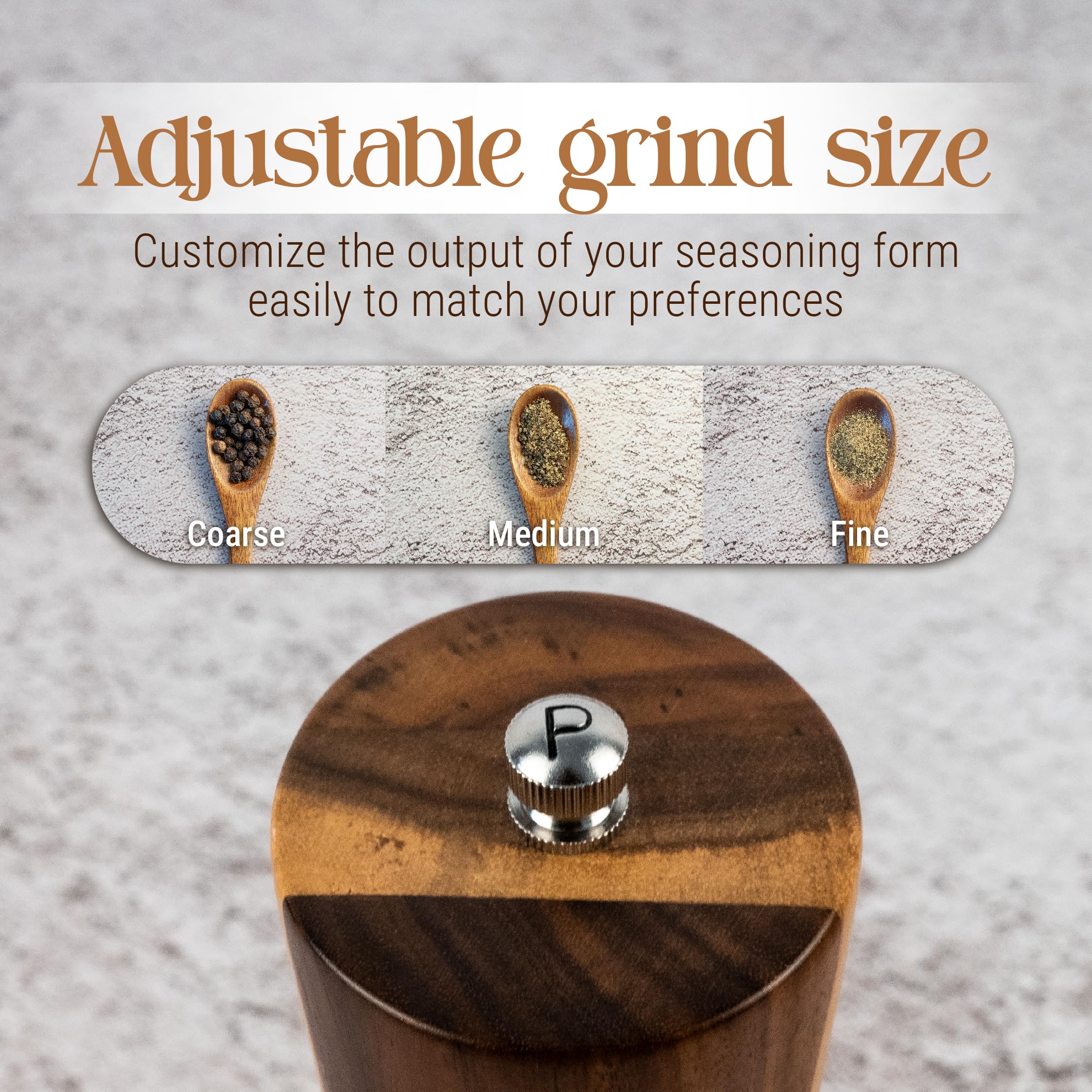 Wooden Salt and Pepper Grinder Set, Manual 8-inch, Salt and Pepper shakers Refillable with Adjustable Coarseness, Salt grinder, Pepper Grinder, pepper mill, Base, Funnel, Spoon, Cleaning Brush