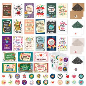 decorably 24 pack teachers appreciation cards with envelopes & stickers - 24 unique designs with printed message inside teacher thank you cards for teachers, 4x6in teacher appreciation card