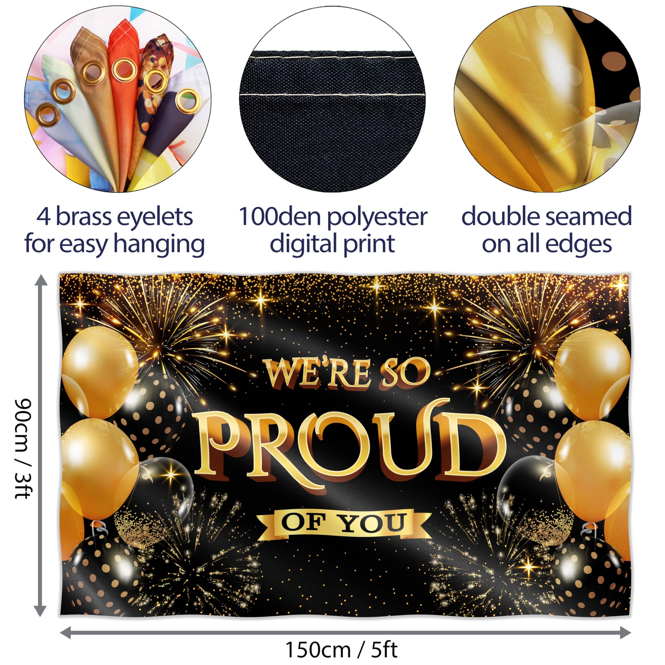 We are so Proud of You Banner - Congratulations Banner - Congratulations Decorations - Congrats Banner - Graduation Banner - Graduation Decorations for Prom - 5ft x 3ft (Black & Gold)