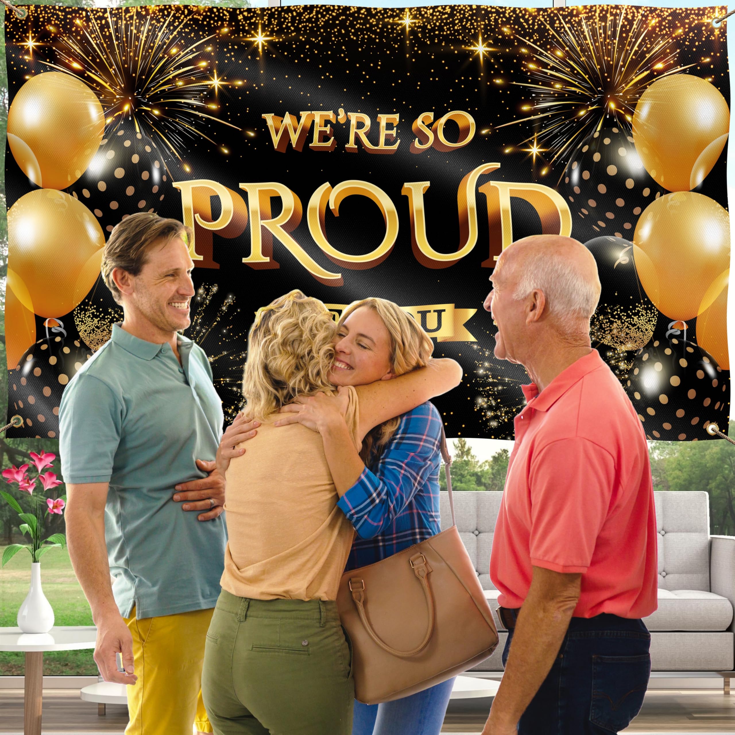 We are so Proud of You Banner - Congratulations Banner - Congratulations Decorations - Congrats Banner - Graduation Banner - Graduation Decorations for Prom - 5ft x 3ft (Black & Gold)