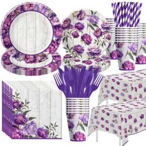 hipvvild peony party decorations dinnerware, purple peony floral party supplies, plate, cup, napkin, cutlery, tablecloth, peony flower party tableware for birthday bridal baby shower wedding, serve 24