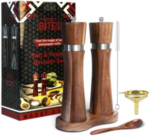 wooden salt and pepper grinder set, manual 8-inch, salt and pepper shakers refillable with adjustable coarseness, salt grinder, pepper grinder, pepper mill, base, funnel, spoon, cleaning brush