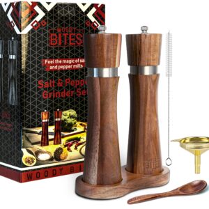 Wooden Salt and Pepper Grinder Set, Manual 8-inch, Salt and Pepper shakers Refillable with Adjustable Coarseness, Salt grinder, Pepper Grinder, pepper mill, Base, Funnel, Spoon, Cleaning Brush