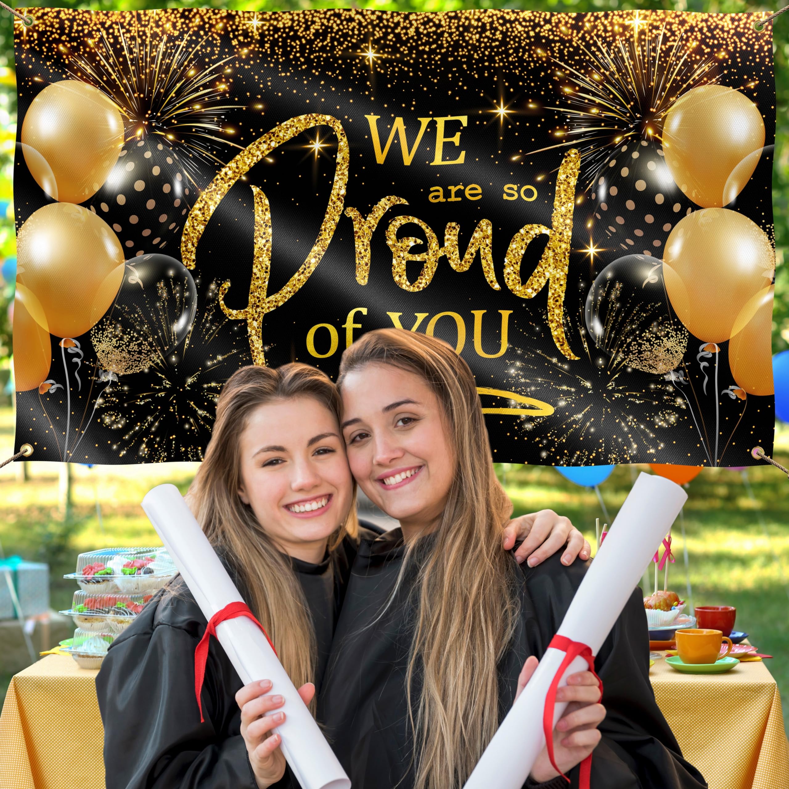 We are so Proud of You Banner - Congratulations Banner - Congratulations Decorations - Congrats Banner - Graduation Banner - Graduation Decorations for Prom - 5ft x 3ft (Black & Gold)