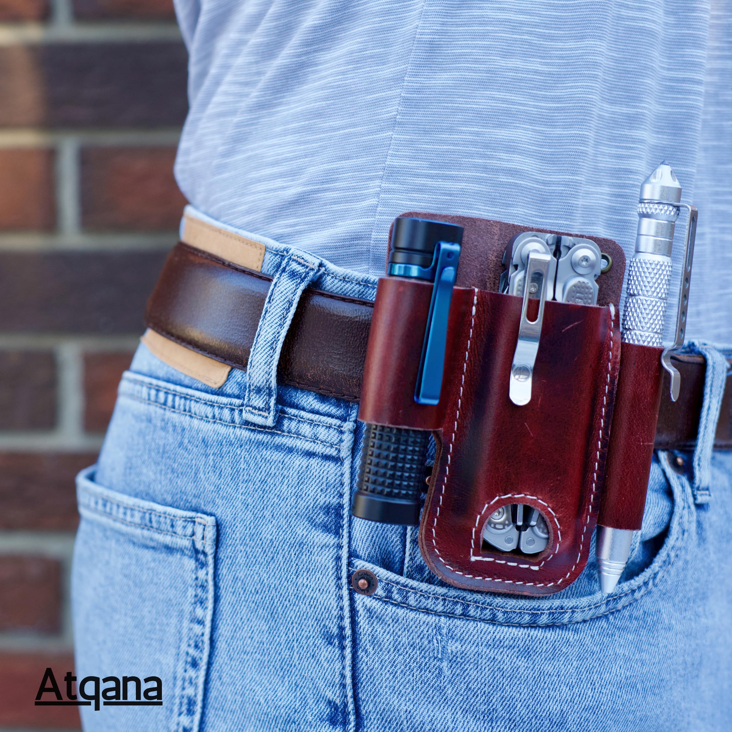 ATQANA EDC Pocket Organizer For Belt (Premium Leather) - Urban Tool Holster | Multitool Sheath | Tactical Belt Knife Pouch with Belt Clip (Extra Dark Brown) by ATQANA®