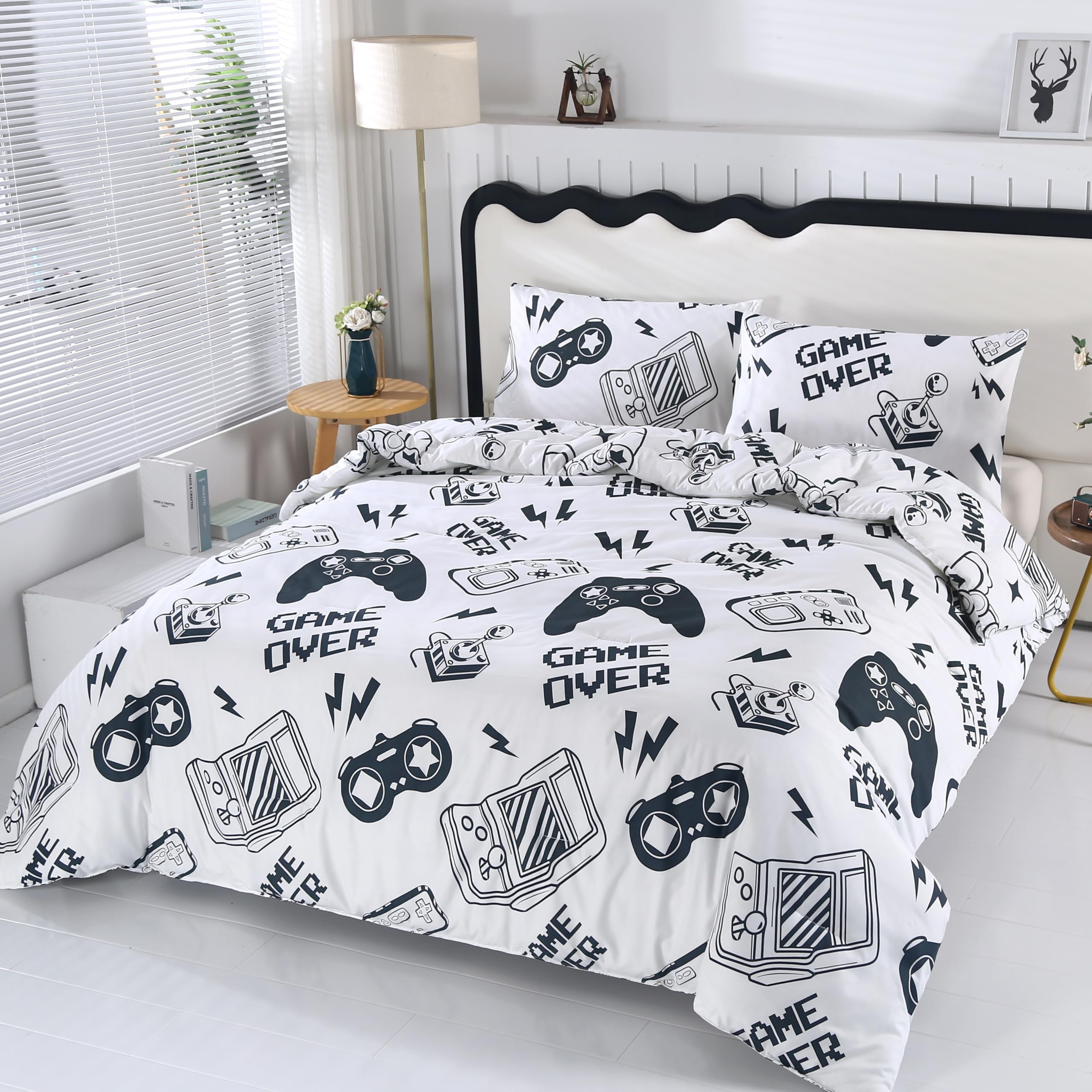 SDIII 3PCS White Gamer Comforter Set Full for Boys Girls Teens and Kids, Microfiber Full Size Comforter for Boys, Gaming Boys Comforter Set Full Size